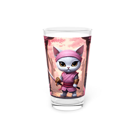 Samurai Warrior Cat Drinking Glass, Sword Blade Kitten Drink Cup, Pink Japanese Maple Tree Pint Glass, 16 oz. Dinnerware