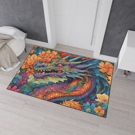 Japanese Dragons Floral Heavy Duty Floor Mat | Flower Pattern Style Serpent Bathroom Decor | Entryway Flowered Chinese Dragon Lover Gift