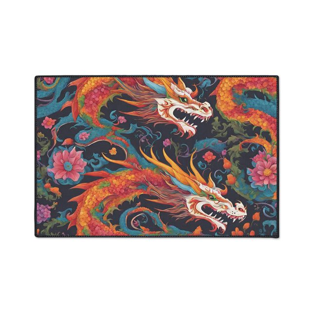 Japanese Dragons Floral Heavy Duty Floor Mat | Flower Pattern Twin Serpent Bathroom Decor | Entryway Flowered Chinese Dragon Lover Gift