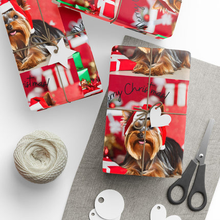 Dog Christmas Wrapping Paper Yorkshire Terrier, Santa Hat Yorkie Gift Wrap, Holiday Gift Wrap Roll