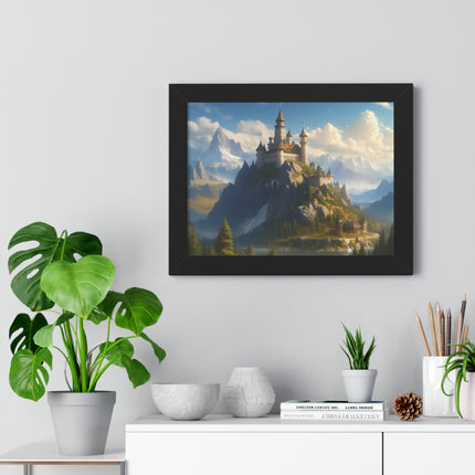 Video Game Fantasy Castle, RPG Valley Framed Poster, Mountain Nature Scene Picture, Open World Style Wall Hanging, Gamer Office Scenery