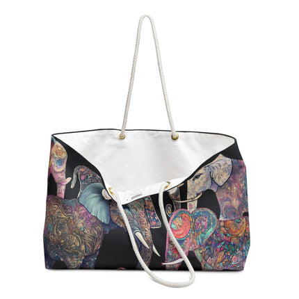 Flower Elephant Pattern Collage Weekend Bag | Floral March of the Elephants Travel Tote | Animal Lovers Collector Overnight Travel Carrier