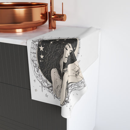 Moon Goddess Hand Towel | Praying Lunar Starry Night Sky Decor | Bathroom Accent Drying Cloth | Astronomy Star Beauty Polyester Gift