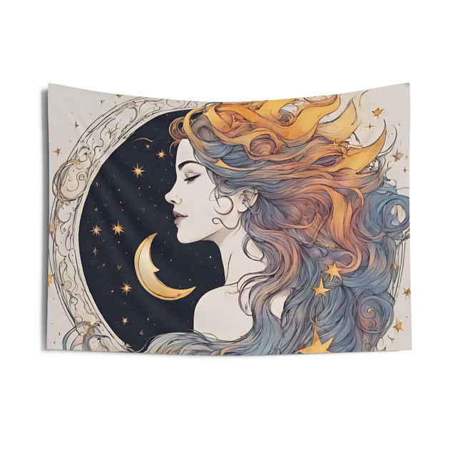 Moon Goddess Wall Decor | Lunar Stars, Space Astronomy Tapestry Gift | Astrology Woman Night Sky Flowing Hair Bed & Sun Room Wall Hanging