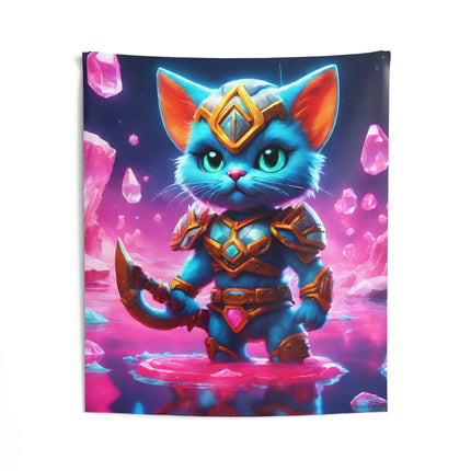 Warrior Cat Crystal Art Tapestry, Blue Armored Kitten Water Cavern Wall Hanging, Pink Glowing Stone Cave Mystical Bed & Game Room Gift