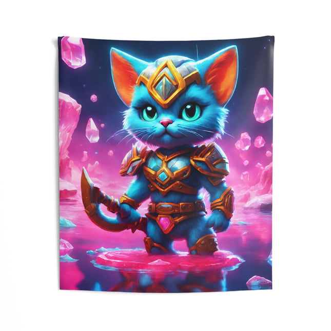 Warrior Cat Crystal Art Tapestry, Blue Armored Kitten Water Cavern Wall Hanging, Pink Glowing Stone Cave Mystical Bed & Game Room Gift