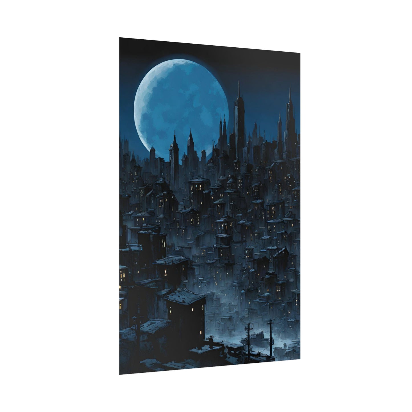 Wall Decor | Dark City Of The Night Poster | Blue Moon Darkness Falls Art | Gothic Lunar Moonlight Skyline | Living Room or Office Decor