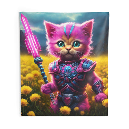 Warrior Cat Dandelion Art Tapestry, Pink Armored Kitten Neon Spear Wall Hanging, Yellow Flower Field Mystical Bed & Game Room Gift