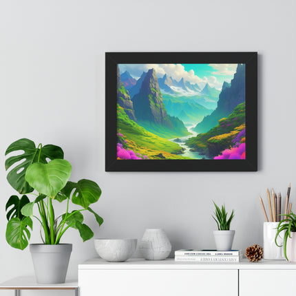 Fantasy Art Flower Mountain Valley, Landscape Framed Poster, Video Game Open World Scene Picture, River Spring Wall Hanging, Office Scenery