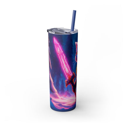 COSMIC NEON WARRIOR CAT Skinny Tumbler - Pink Glowing Sword Snow Kitten Cup
