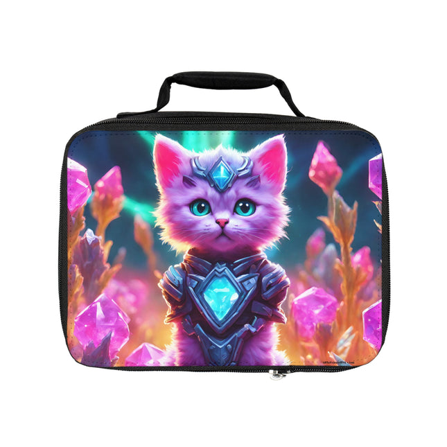 Neon Violet Pink Fur Warrior Cat Lunch Bag Box, Girls Lush Crystal Gem Field Feline School Tote, Armored Cosmic Furry Kitten Insulated Bag