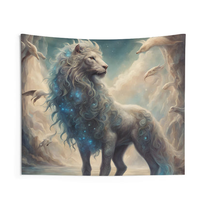 Majestic Myths Wall Art Decor | Mystical Sparkle Mane Lion Tapestry | Sky Cloud Fantasy Game Room Hanging | Mythological Bed Room Gift