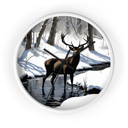 Deer Hunter Wall Art Clock | Winter Creek Big Buck Wall Hanging | Snowy Nature Scenic Home Office Hunting Lovers Gift