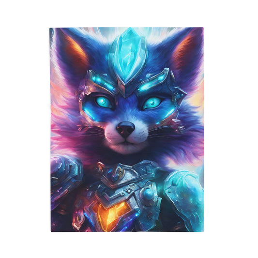 Warrior Fox Blanket, Cybernetic Armored Plush Throw Blanket, Neon Violet Crystal Guardian, Kids Adults Bed Couch Throw Cover