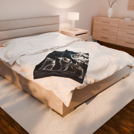 Moon Wolves Blanket | Night Sky Mountain Wolf Pack Bed Throw | Starry Dark Full Lunar Gift | Wooded Wild Dogs Bedroom Light Warm Comforter