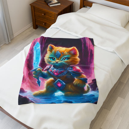 Warrior Cat Blanket, Waterfall Cat Plush Throw Blanket, Neon Sword Seeker, Armored Kitty Bed Cover, Glowing Cave Bedroom Twin Cover