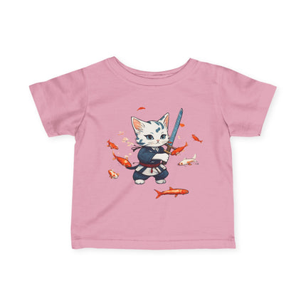 Samurai Kitten Infant Gift Shirt, Warrior Cat Japanese Koi Fish Tee, Cute Kitty Floating Mystical Fish Short Sleeve Baby Tshirt