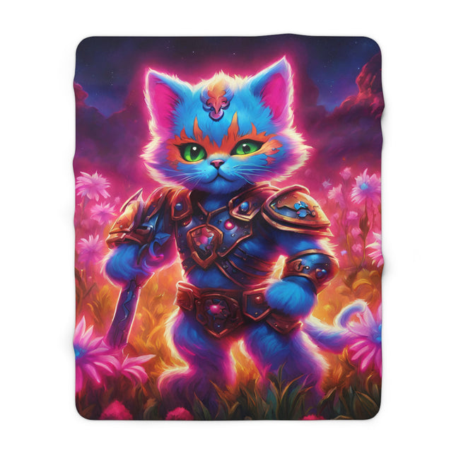 Neon Glowing Warrior Cat Blanket, Lush Flower Field Feline, Armored Kitten with Sword Plush Fleece Couch Sherpa, Kids Night Time Bed Cover