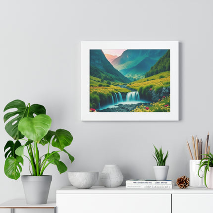 Beautiful Mountain Valley Framed Poster, Waterfall Nature Scene Picture, Flower Blossom Spring Wall Hanging, Flowing River Office Scenery