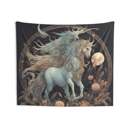 Majestic Myths Wall Art Decor | Horned Lion Mane Horse Tapestry | Flower Night Moon Fantasy Game Room Hanging | Mythological Bed Room Gift