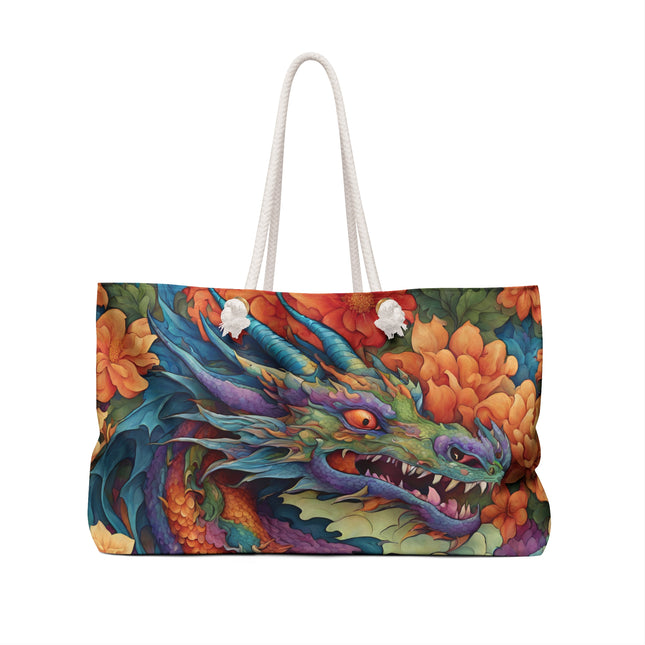 Custom Weekender | Japanese Dragon Travel Bag | Flowered Floral Serpent Japan Style Cruise Airplane & Hotel Road Trip Overnight Carrier