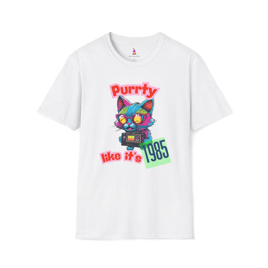 Retro Cat Tshirt, 80s Graphic Tee, Vintage Kitty Shirt, Funny Cat Lover Gift, Purrty 1985 Softstyle Unisex Top