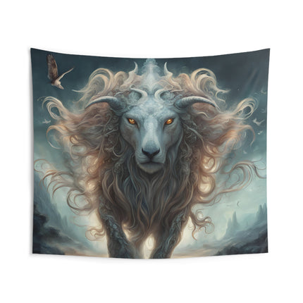 Majestic Myths Wall Art Decor |  Horned Goat Lion Mane Tapestry | Mystical Valley Fantasy Game Room Hanging | Mythological Bed Room Gift