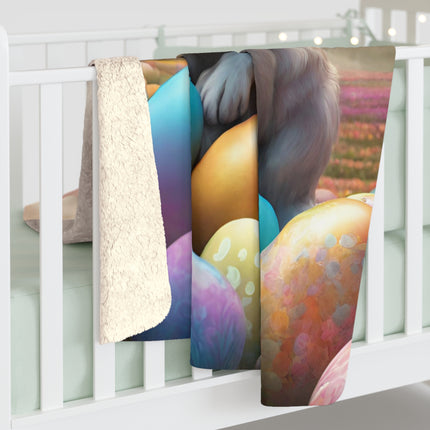 Easter Gift, Bunny Blanket, Fantasy Art, Rabbit Cover, Colored Egg Fleece, Flower Field, Warm Throw, Peter Cottontail, Warm Cozy Sherpa