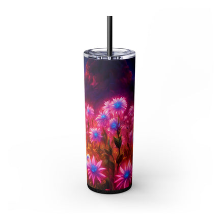 COSMIC BLUE WARRIOR CAT Skinny Tumbler - Neon Flower Field Armored Kitten Cup