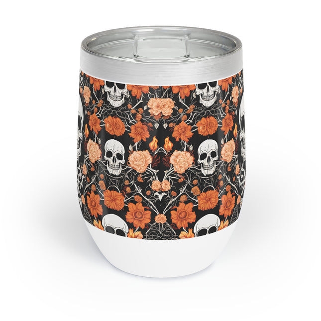 SKULL AND FLOWERS Wine Tumbler - Bone Flower Garden Pattern Wine Cooler