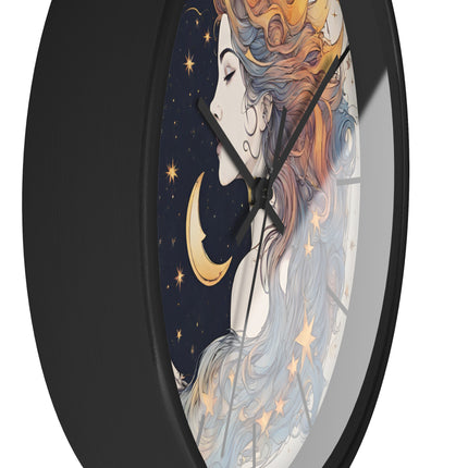 MOON GODDESS LINED Wall Clock - Celestial Crescent Astronomy Decor
