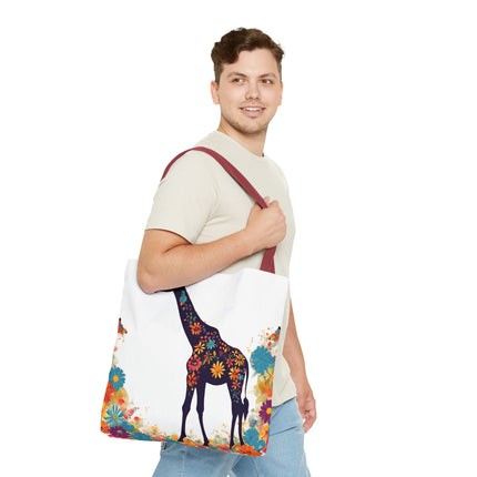Giraffe Lovers Tote | Floral Safari Animal Grocery Bag | African Savanna Office Travel Carrier | Flower Collage Forest Cotton Traveler