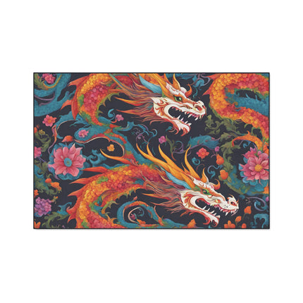 Japanese Dragons Floral Heavy Duty Floor Mat | Flower Pattern Twin Serpent Bathroom Decor | Entryway Flowered Chinese Dragon Lover Gift