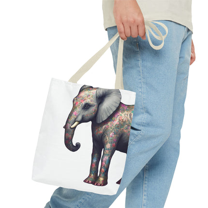 Elephant Gift Tote | Majestic Flower Pattern Grocery Bag | Animal Lovers Office Travel Carrier | Jungle Kingdom Endangered Cotton Traveler
