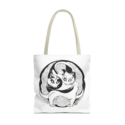 Cat Lovers Tote | Cats Yin Yang Style Grocery Bag | MEOW Chinese Print 2 Sided Office Carry All | School Supplies Kitten Carrier Tote