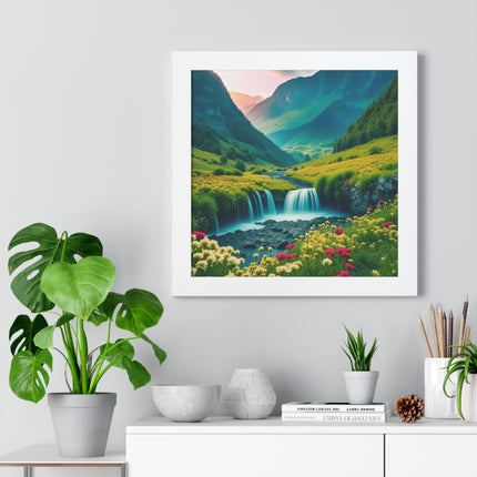 Beautiful Mountain Valley Framed Poster, Waterfall Nature Scene Picture, Flower Blossom Spring Wall Hanging, Flowing River Office Scenery