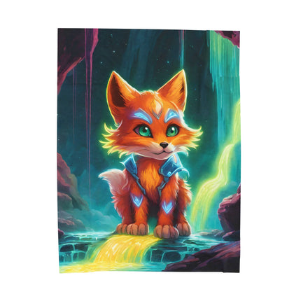 Crystal Fox Guardian Kids Blanket, Glowing Waterfall Cave Plush Throw Cover, Neon Mystic Cavern, Armored Fox Bedroom Twin Cover