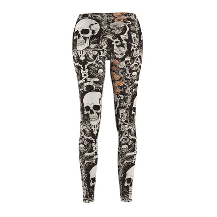 Women's Goth Skull and Carnations Casual Leggings, Flowers and Bones Pattern Elastic Bottoms, Tight Macabre Bone Skeleton Pants