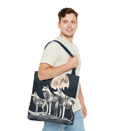 Moon Wolves Tote | Night Sky Mountain Wolf Pack Grocery Bag | Laptop & Book Carrier | Home Office Wooded Wild Dogs Travel Overnight Gift