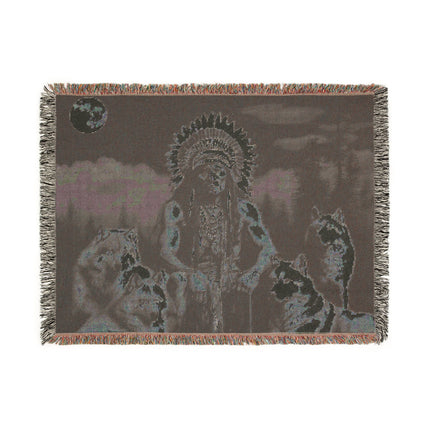 MOONLIGHT WOLF INDIAN CHIEF Woven Blanket - Native American Folk Art Heirloom Throw