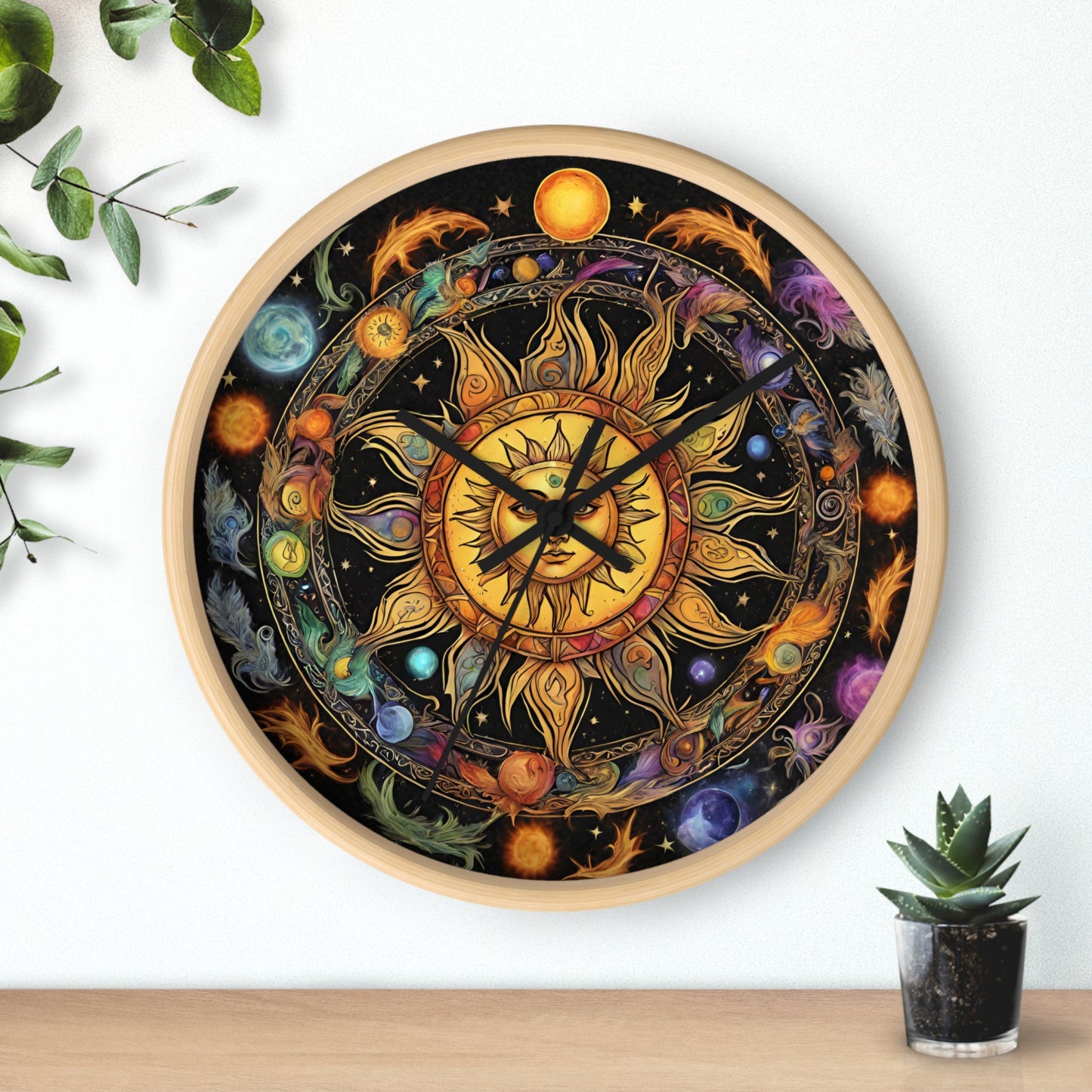 Sun Collage Wall Art Clock | Celestial Solstice Astronomy Wiccan Hanging | Comet Constellations Home Office Solar System Pagan Decor Gift