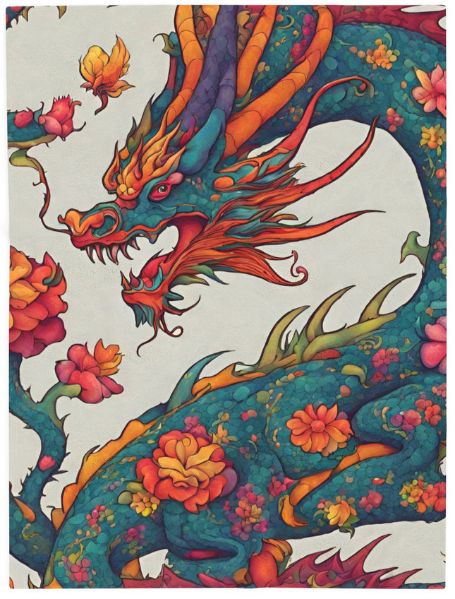 JAPANESE FLORAL DRAGON Blanket - Traditional Asian Art Plush Throw