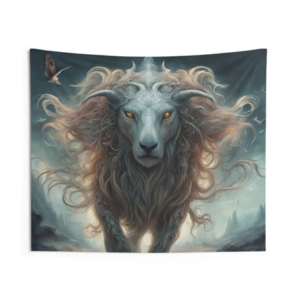 Majestic Myths Wall Art Decor |  Horned Goat Lion Mane Tapestry | Mystical Valley Fantasy Game Room Hanging | Mythological Bed Room Gift
