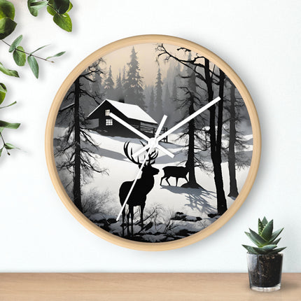 HUNTING CABIN Wall Clock - Winter Deer Scene Rustic Lodge Decor