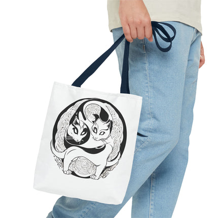 Cat Lovers Tote | Cats Yin Yang Style Grocery Bag | MEOW Chinese Print 2 Sided Office Carry All | School Supplies Kitten Carrier Tote