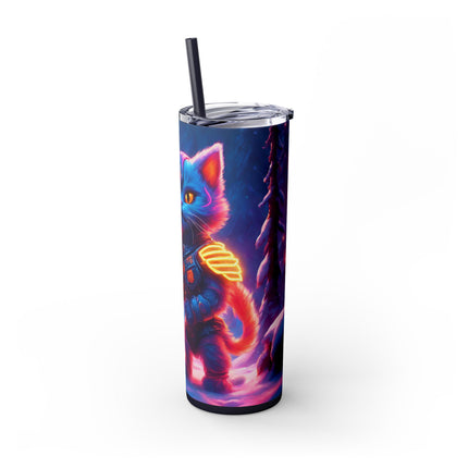 COSMIC NEON WARRIOR CAT Skinny Tumbler - Pink Glowing Sword Snow Kitten Cup