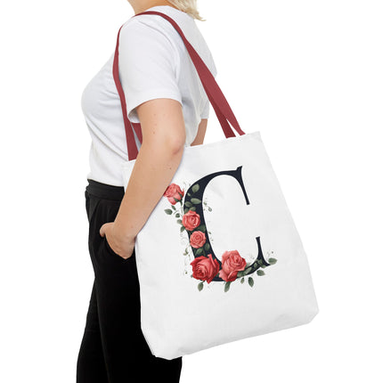 Custom Letter Personalized Tote | Rose Flowered Grocery Travel Bag | Floral Print Roses Office Laptop & Books or Exercise Overnight Carrier