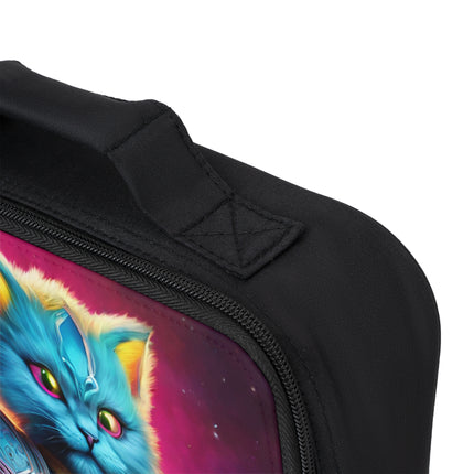 Neon Blue Fur Warrior Cat Lunch Bag Box, Boys and Girls Lush Starry Pink Sky Feline School Tote, Armored Cosmic Furry Kitten Insulated Bag