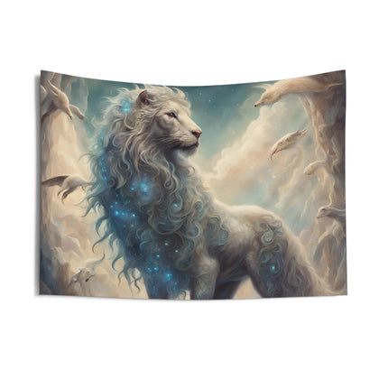 Majestic Myths Wall Art Decor | Mystical Sparkle Mane Lion Tapestry | Sky Cloud Fantasy Game Room Hanging | Mythological Bed Room Gift