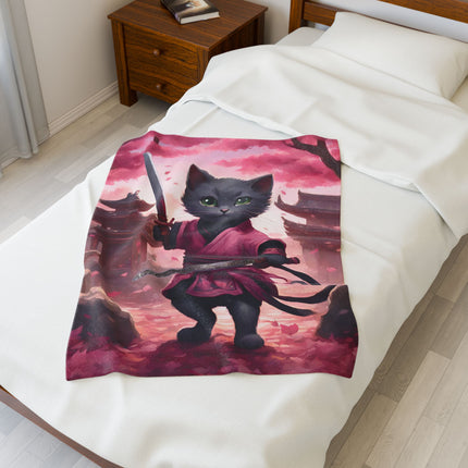 Samurai Warrior Cat Blanket, Sword Blade Kitten Warm Couch Throw Blanket, Pink Japanese Maple Tree Bed Cover, Bedroom Plush Sheet